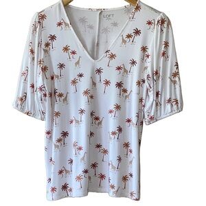 LOFT White Palm Tree Print V-Neck Top